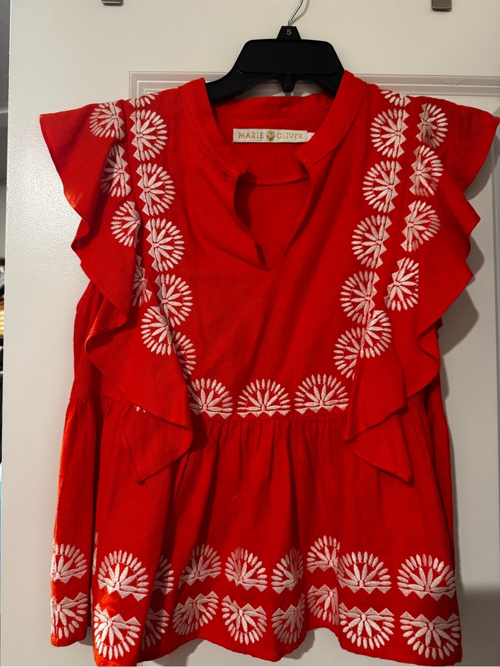 Marie Oliver Red Flutter Sleeve Embroidered Tunic